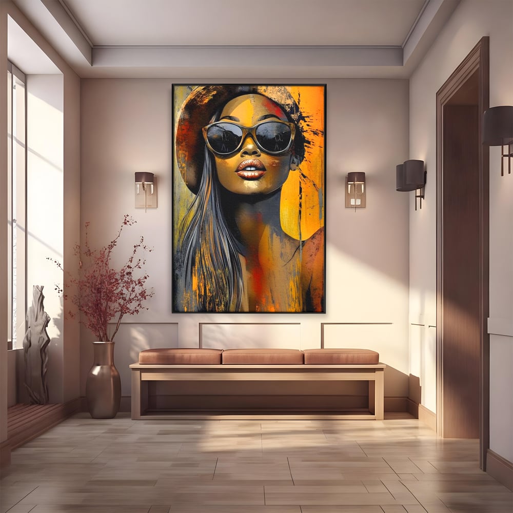 Tablou canvas cu tablou canvas cu portret de femeie ochelari de soare, in rama de aluminiu negru